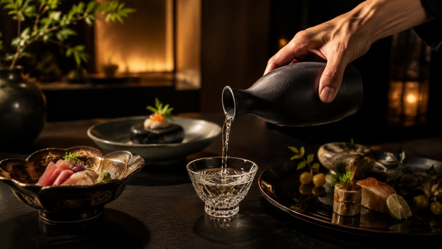 切子の盃に酒を注ぐ手元と肴